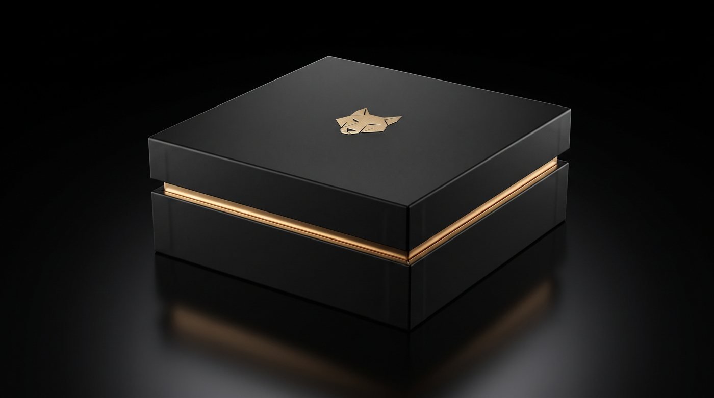 A matte black WOLFMAXX box, lid slightly lifted, gold light at the seam